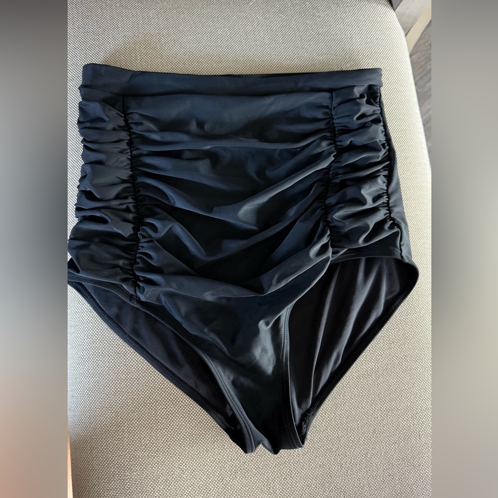 High-Waisted Black Ruched Bikini Bottom